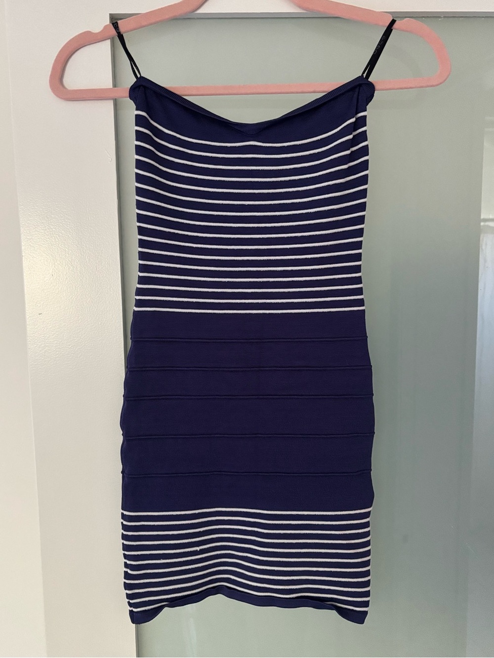 bebe Navy and White Striped bandage Dress